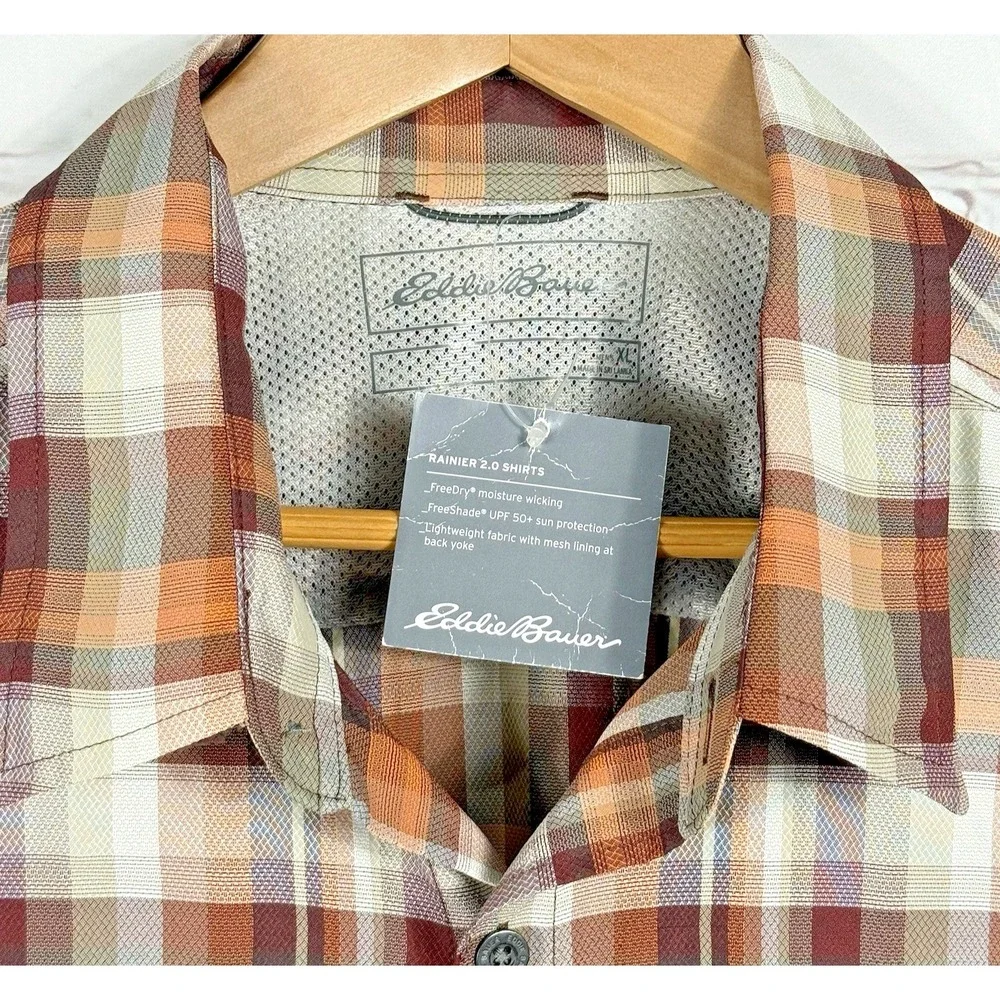 Eddie Bauer Rainier 2.0 Shirt Men's‎ XL Orange Plaid Short Sleeve Outdoor